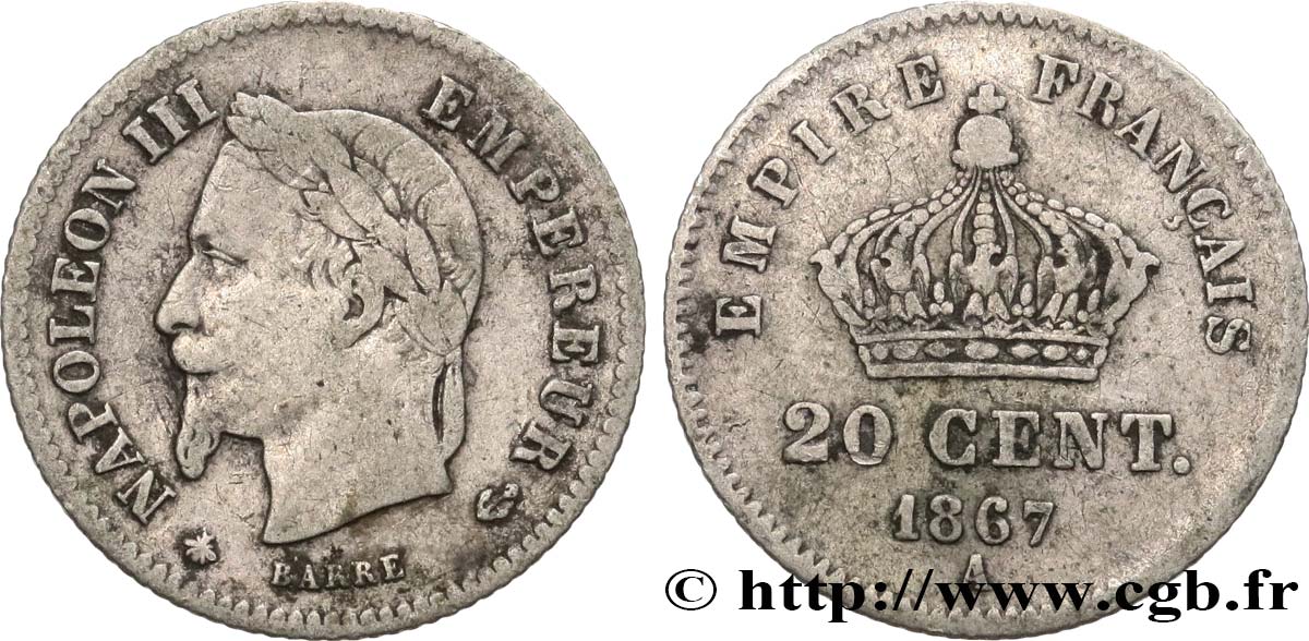 20 centimes Napoléon III, tête laurée, grand module 1867 Paris F.150/1 MB30 