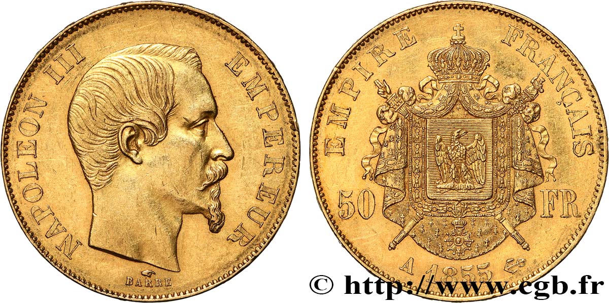 50 francs or Napoléon III, tête nue 1855 Paris F.547/1 SPL 