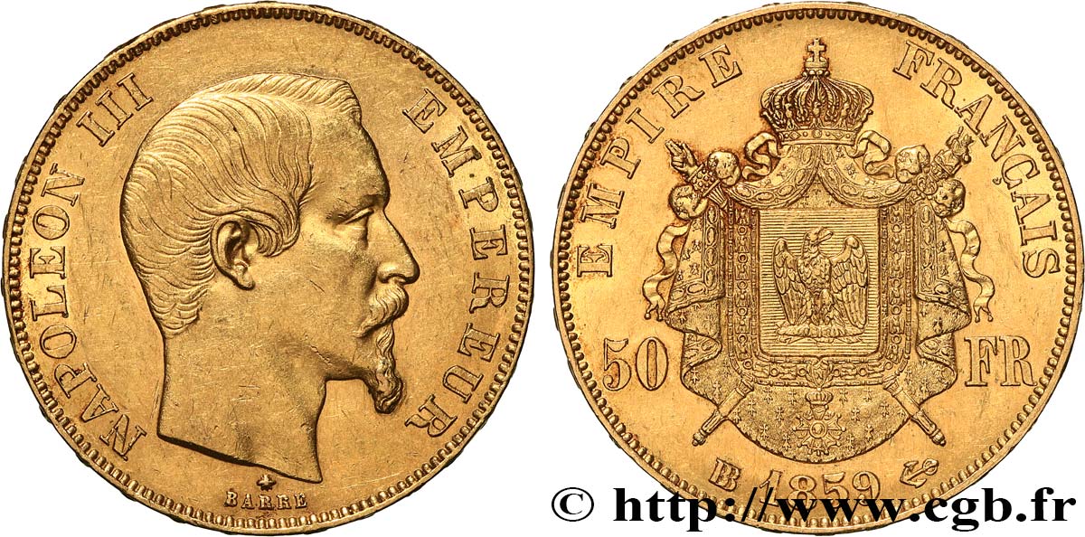 50 francs or Napoléon III, tête nue 1859 Strasbourg F.547/8 SUP55 