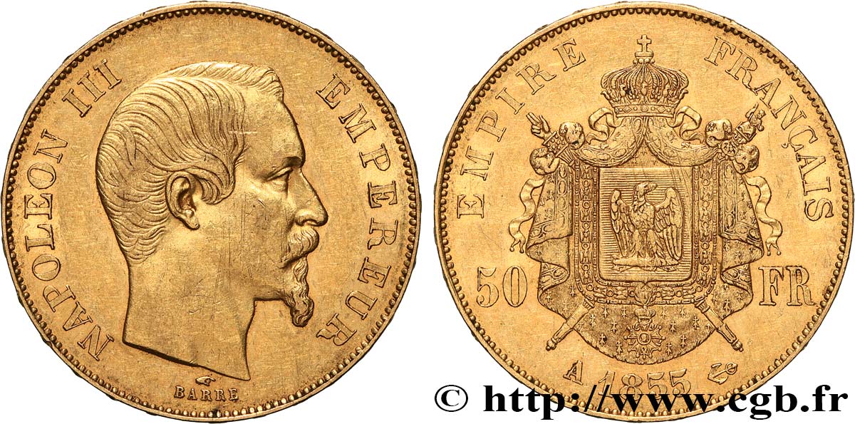 50 francs or Napoléon III, tête nue 1855 Paris F.547/1 TTB+ 