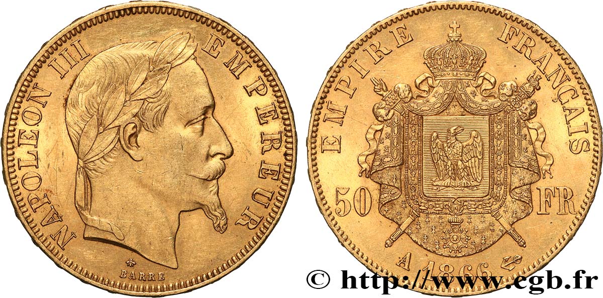 50 francs or Napoléon III, tête laurée 1866 Paris F.548/6 AU55 