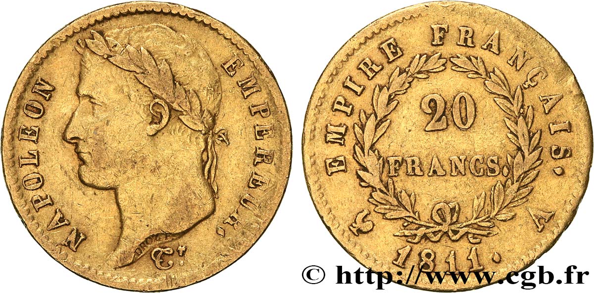 20 francs or Napoléon, tête laurée, Empire français 1811 Paris F.516/16 S35 