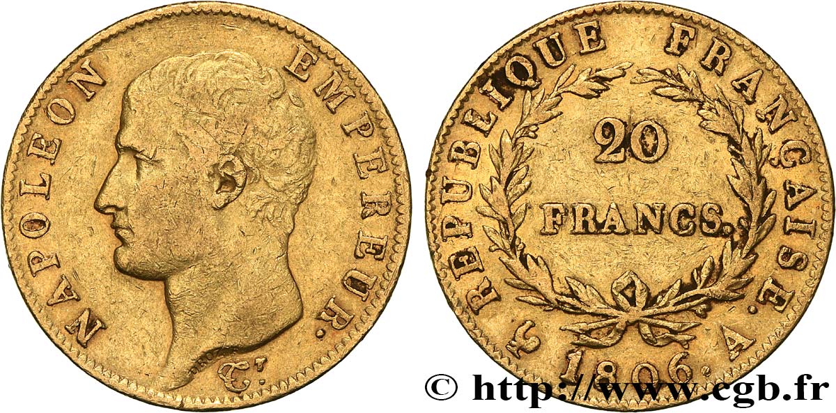 20 francs Napoléon tête nue, calendrier grégorien 1806 Paris F.513/1 BC35 
