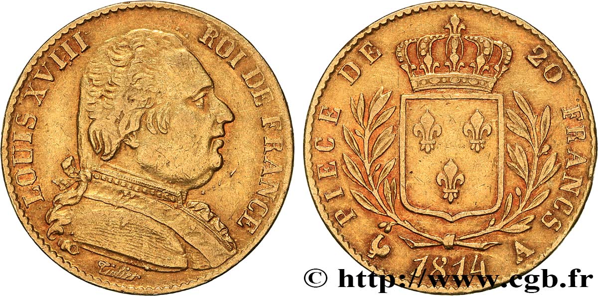 20 francs or Louis XVIII, buste habillé 1814 Paris F.517/2 TTB45 