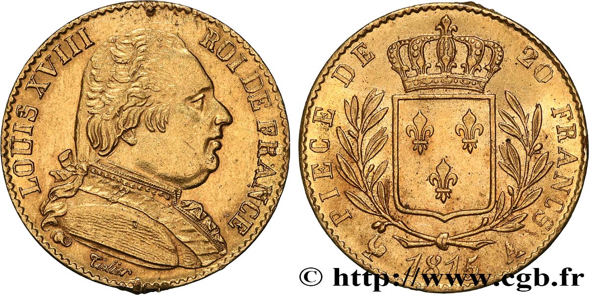 20 francs or Louis XVIII, buste habillé 1815 Paris F.517/10 SUP 