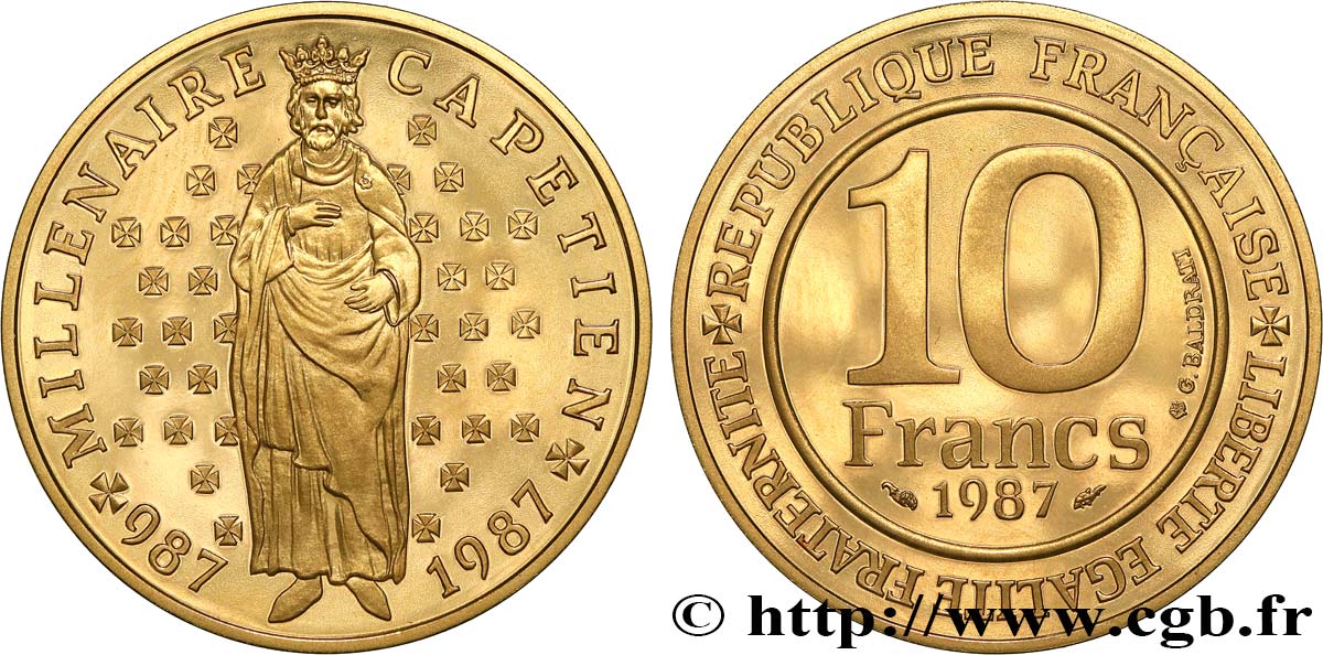 Belle Épreuve Or 10 francs - Millénaire Capétien 1987  F.1301 2 ST 