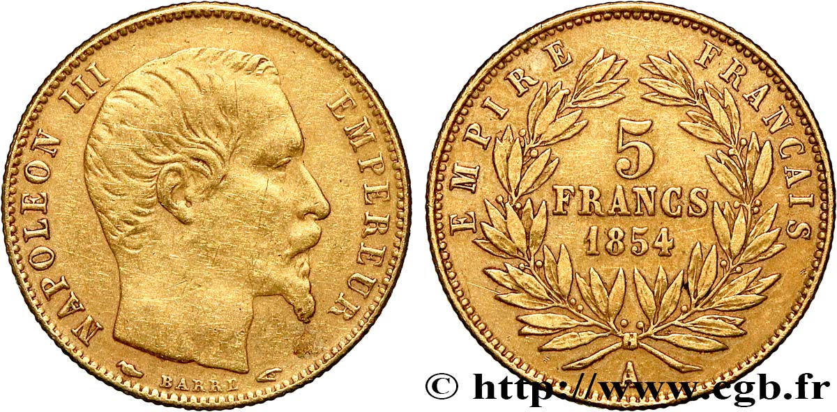 5 francs or Napoléon III, tête nue, petit module, tranche cannelée 1854 Paris F.500A/1 fSS 