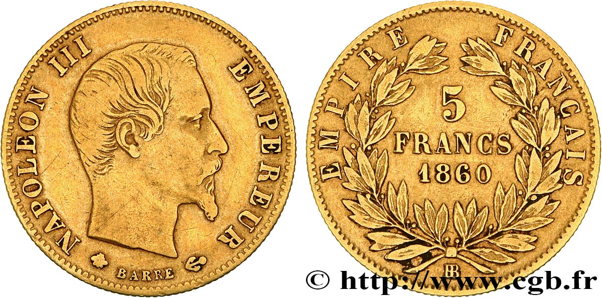 5 francs or Napoléon III, tête nue, grand module 1860 Strasbourg F.501/13 BC30 