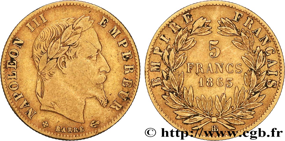 5 francs or Napoléon III, tête laurée 1863 Strasbourg F.502/4 TB30 