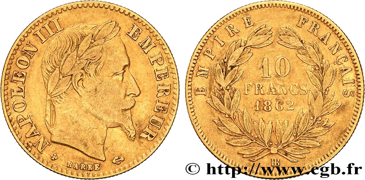 10 francs or Napoléon III, tête laurée 1862 Strasbourg F.507/2 TB35 
