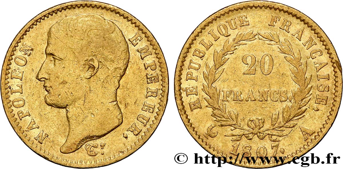 20 francs or Napoléon tête nue, type transitoire 1807 Paris F.514/1 VF35 