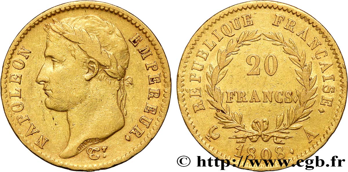 20 francs or Napoléon tête laurée, République française 1808 Paris F.515/2 XF 