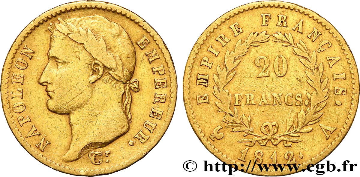 20 francs or Napoléon tête laurée, Empire français 1812 Paris F.516/22 BC+ 