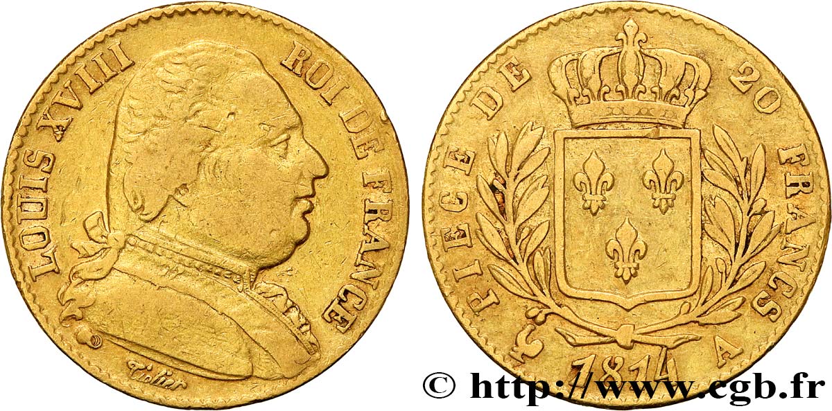 20 francs or Louis XVIII, buste habillé 1814 Paris F.517/1 TB35 
