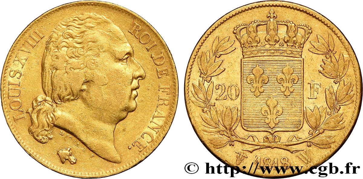 20 francs or Louis XVIII, tête nue 1818 Lille F.519/14 XF40 