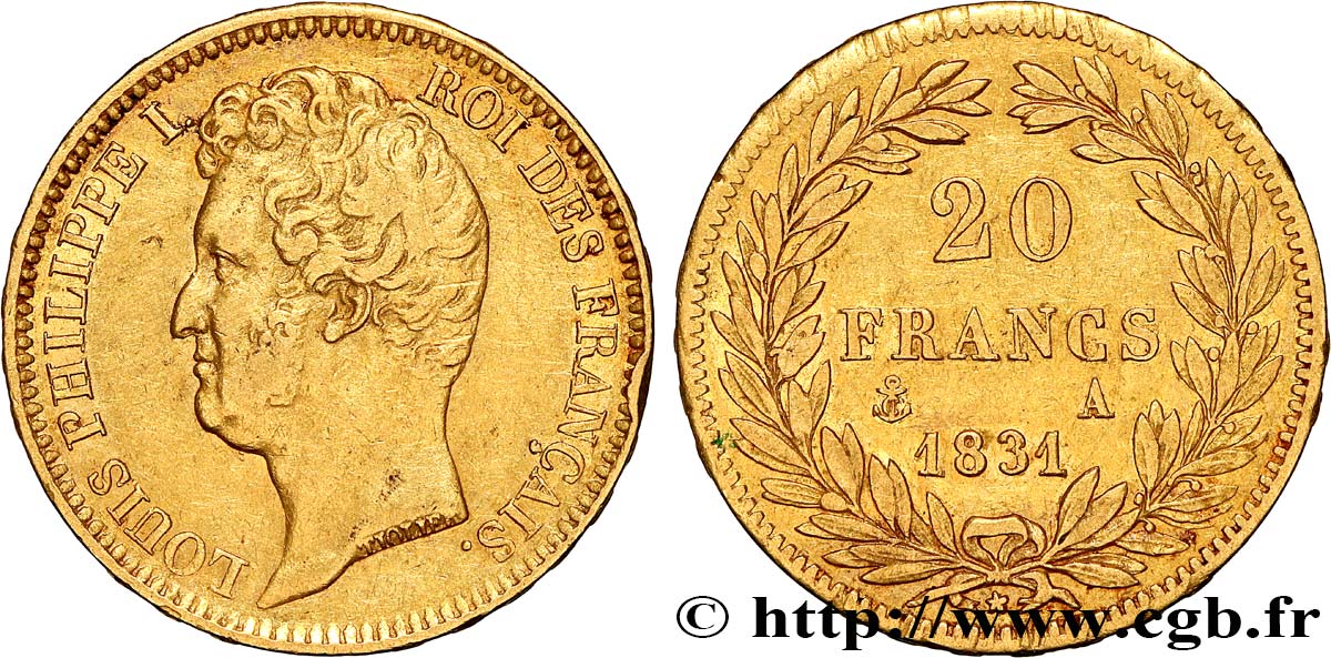 20 francs or Louis-Philippe, Tiolier, tranche inscrite en relief 1831 Paris F.525/2 XF 