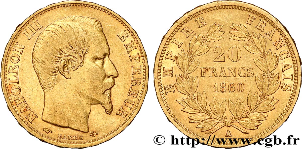 20 francs or Napoléon III, tête nue 1860 Paris F.531/18 BB/q.SPL 