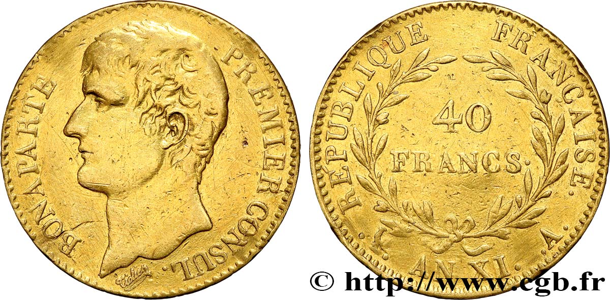 40 francs or Bonaparte Premier Consul 1803 Paris F.536/2 fSS 