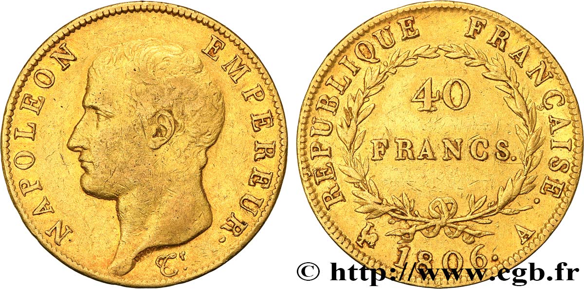 40 francs or Napoléon tête nue, Calendrier grégorien 1806 Paris F.538/1 XF40 