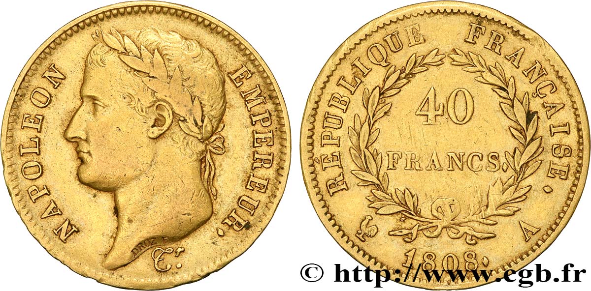 40 francs or Napoléon Ier tête laurée, République française 1808 Paris F.540/2 TTB 