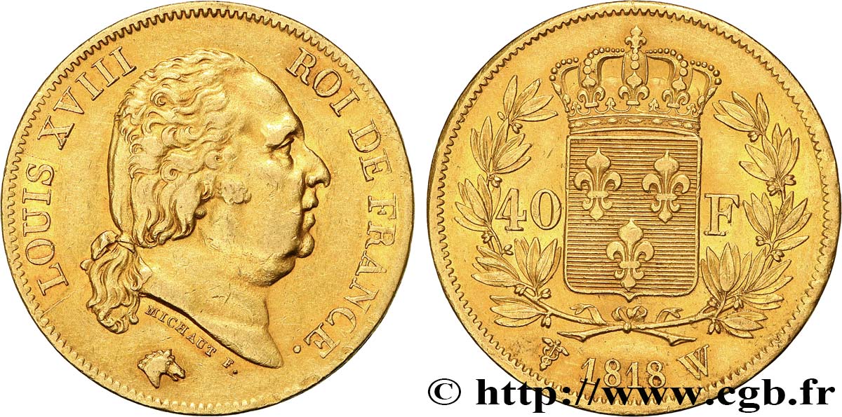 40 francs or Louis XVIII 1818 Lille F.542/8 MBC50 