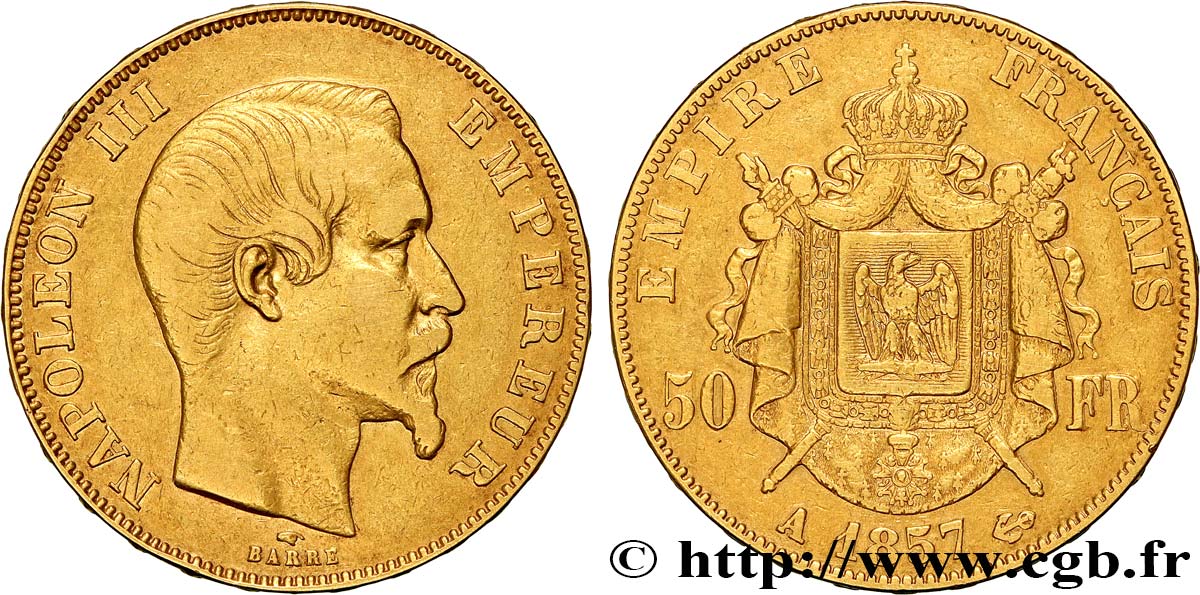 50 francs or Napoléon III, tête nue 1857 Paris F.547/4 VF 