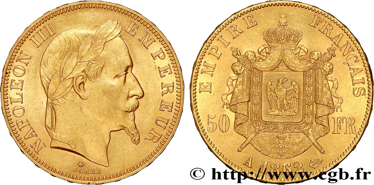 50 francs or Napoléon III, tête laurée 1862 Paris F.548/1 AU55 