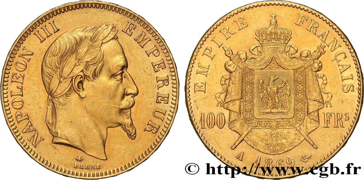 100 francs or Napoléon III, tête laurée 1869 Paris F.551/12 EBC55 