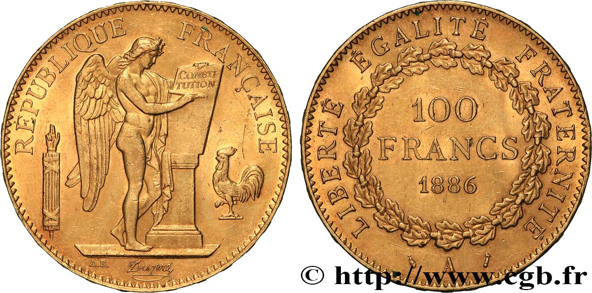 100 francs or Génie, tranche inscrite en relief Dieu protège la France 1886 Paris F.552/7 VZ 