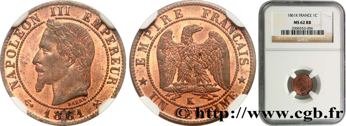 Un centime Napoléon III, tête laurée 1861 Bordeaux F.103/3 SUP62 NGC