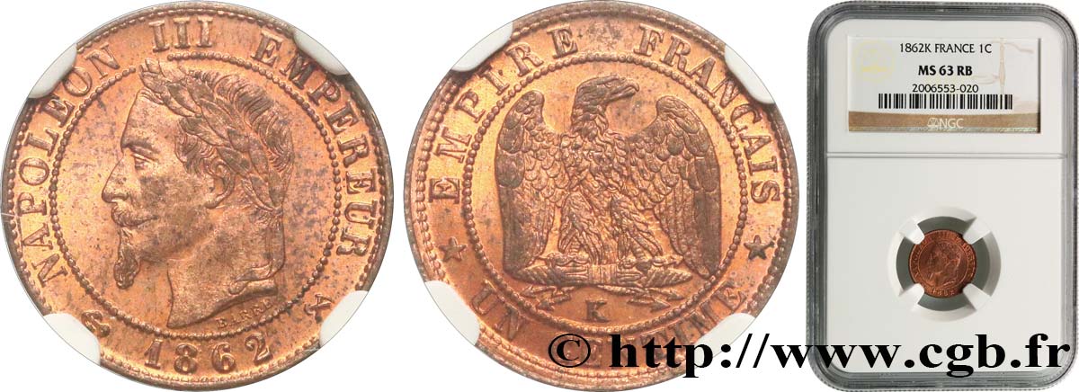 Un centime Napoléon III, tête laurée 1862 Bordeaux F.103/7 fST63 NGC
