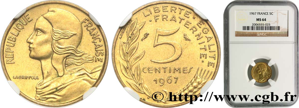 5 centimes Marianne 1967 Paris F.125/3 MS64 NGC
