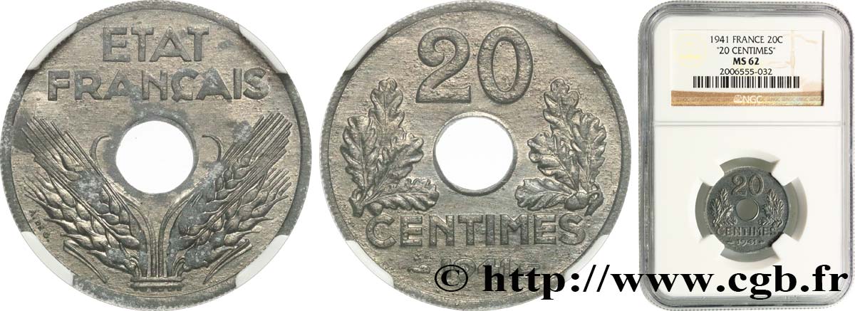 20 centimes État français, lourde 1941  F.153/2 MS62 NGC