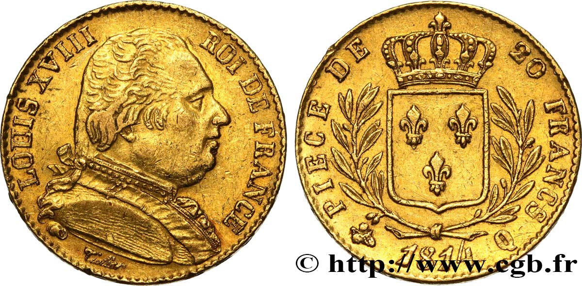 20 francs or Louis XVIII, buste habillé 1814 Perpignan F.517/7 MBC45 