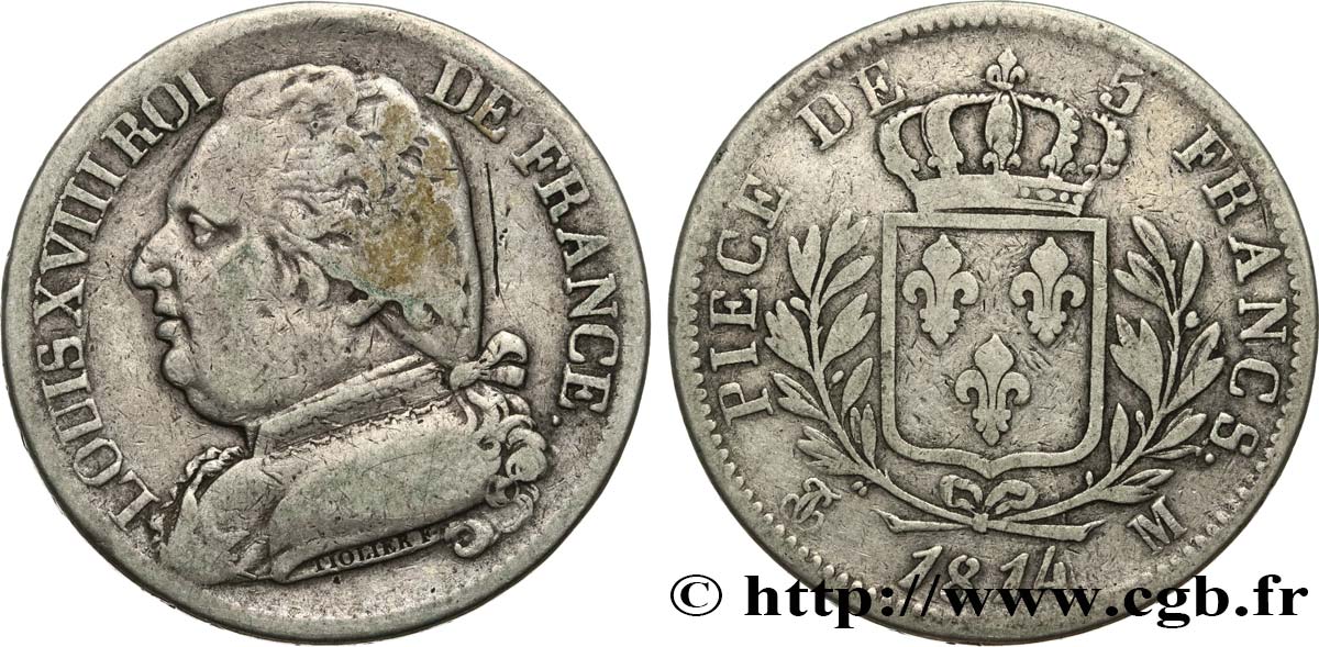 5 francs Louis XVIII, buste habillé 1814 Toulouse F.308/9 VF 