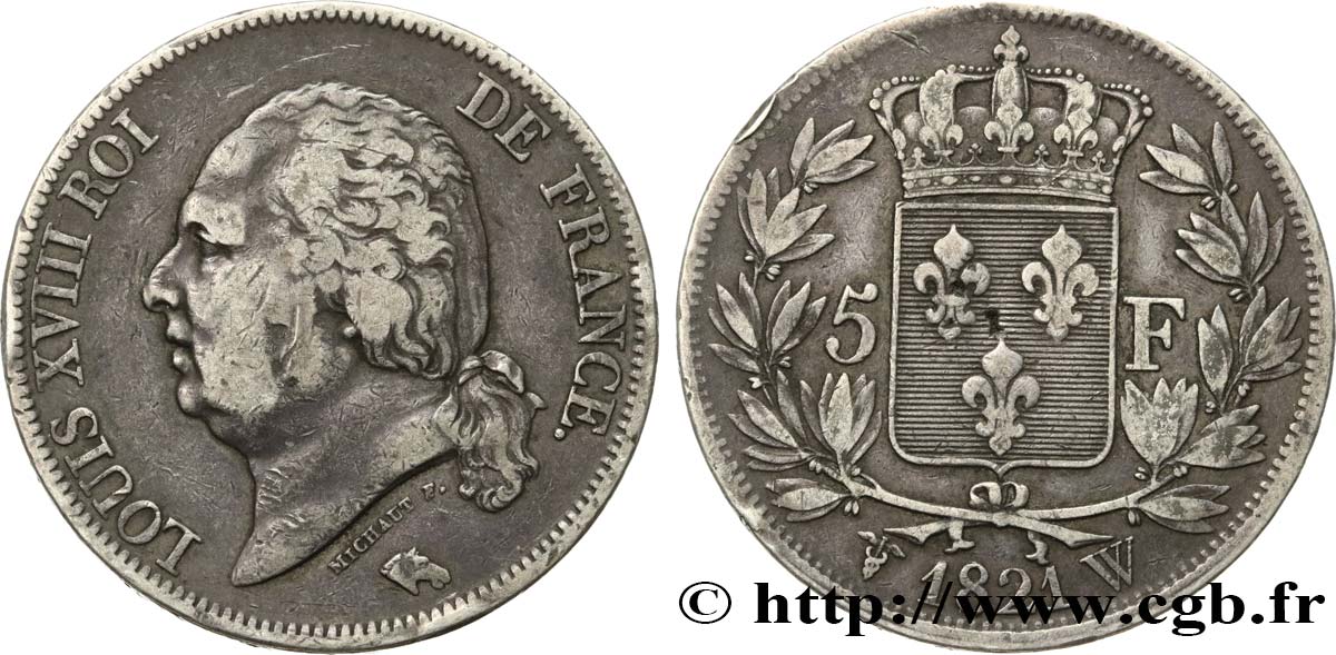 5 francs Louis XVIII, tête nue 1821 Lille F.309/67 VF25 