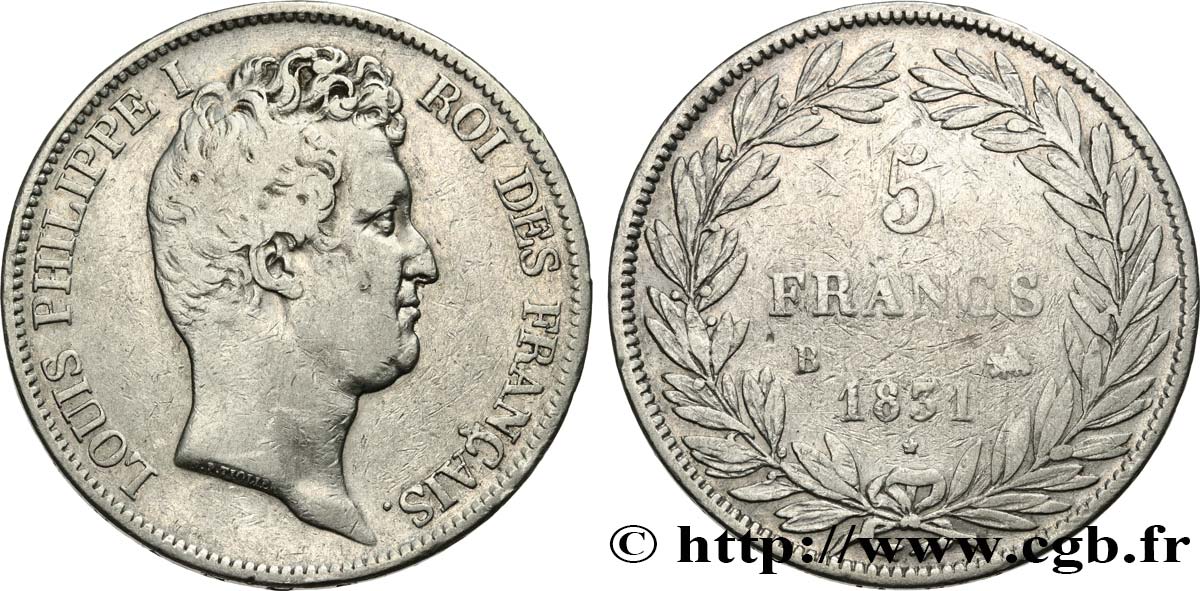 5 francs type Tiolier avec le I, tranche en creux 1831 Rouen F.315/15 MB25 