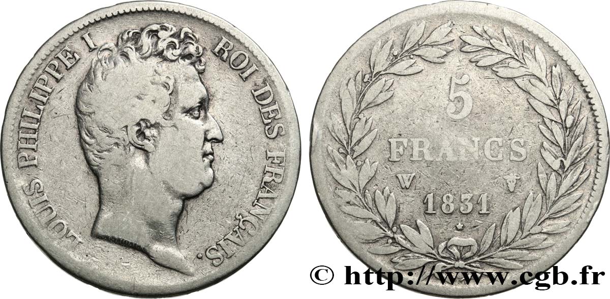5 francs type Tiolier avec le I, tranche en creux 1831 Lille F.315/27 MB 
