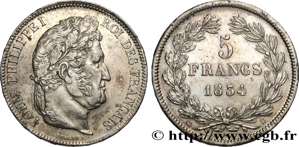 5 francs IIe type Domard 1834 Lyon F.324/32 XF 