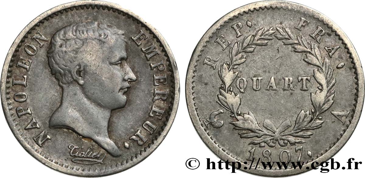 Quart (de franc) Napoléon Empereur, tête de nègre 1807 Paris F.160/1 BC35 