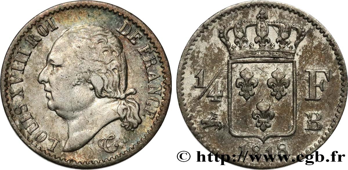 1/4 franc Louis XVIII 1818 Rouen F.163/13 TB 