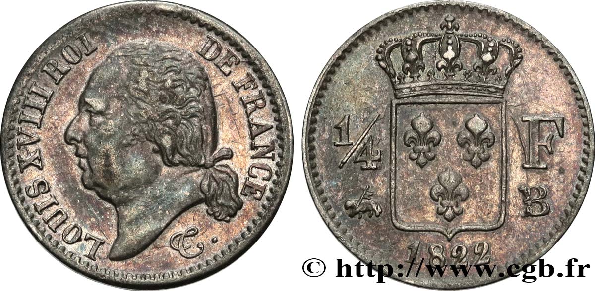 1/4 franc Louis XVIII 1822 Rouen F.163/22 TTB40 