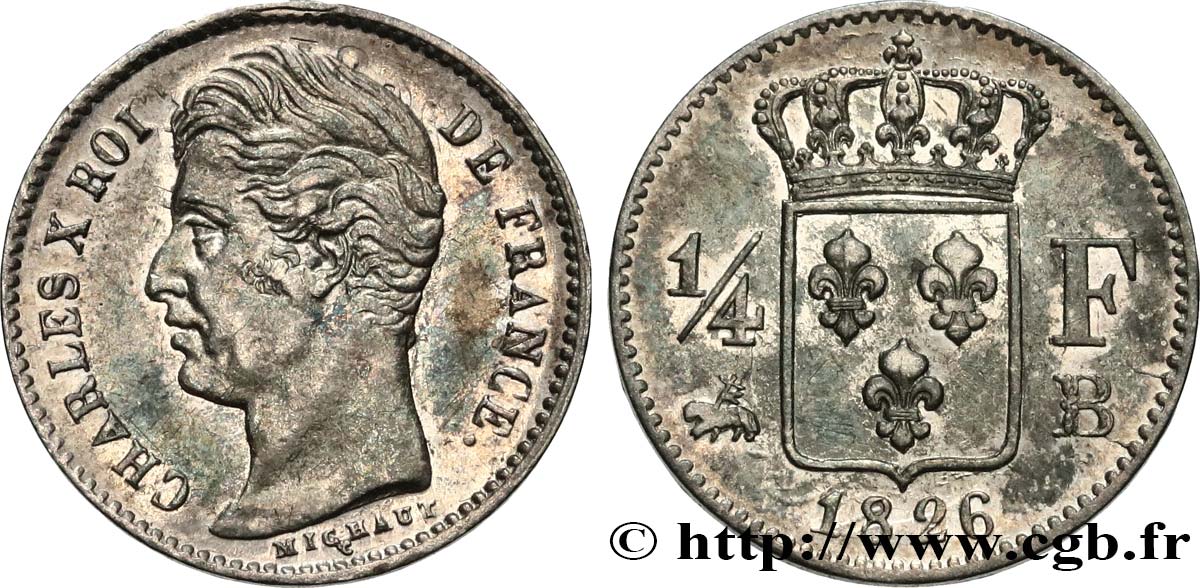 1/4 franc Charles X 1826 Rouen F.164/3 EBC55 