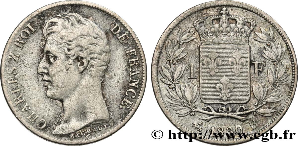 1 franc Charles X, matrice du revers à quatre feuilles 1830 Rouen F.207A/27 VF20 