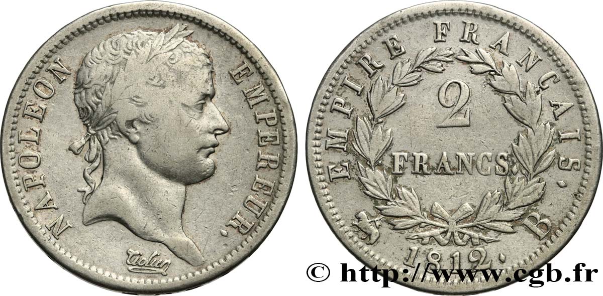 2 francs Napoléon Ier tête laurée, Empire français 1812 Rouen F.255/39 TB30 