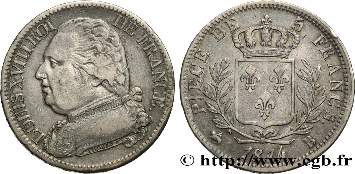 5 francs Louis XVIII, buste habillé 1814 Rouen F.308/2 VF30 