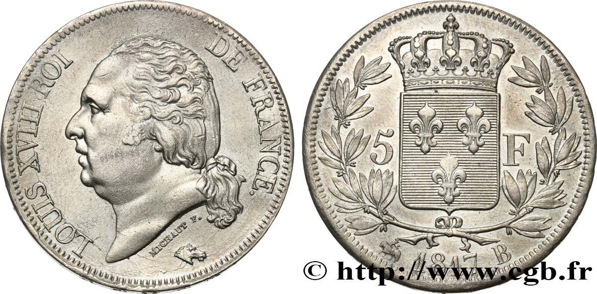 5 francs Louis XVIII, tête nue 1817 Rouen F.309/15 SS50 