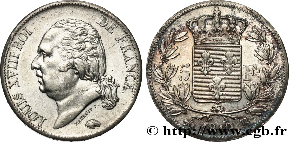 5 francs Louis XVIII, tête nue 1819 Rouen F.309/41 AU 