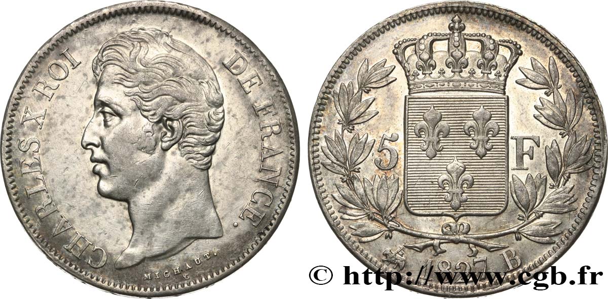 5 francs Charles X, 2e type 1827 Rouen F.311/2 AU50 