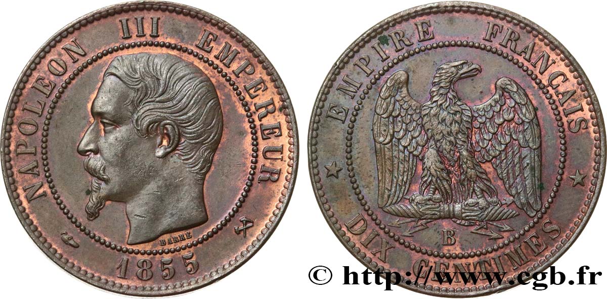 Dix centimes Napoléon III, tête nue 1855 Rouen F.133/21 EBC62 